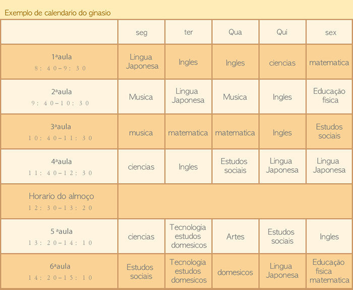Exemplo de calendario do ginasio